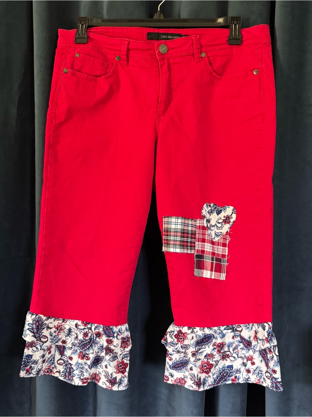 Calvin Klein Upcycled Bloomers Red Cropped Jeans with Floral Ruffle Hem